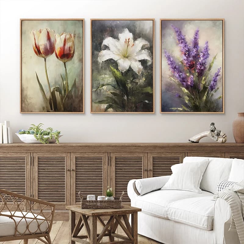 Peinture à l'huile classique simple, fleurs, lys, plantes vertes, bouquet de clou de girofle, affiche, impressions sur toile, décorations murales pour la maison, cadeau
