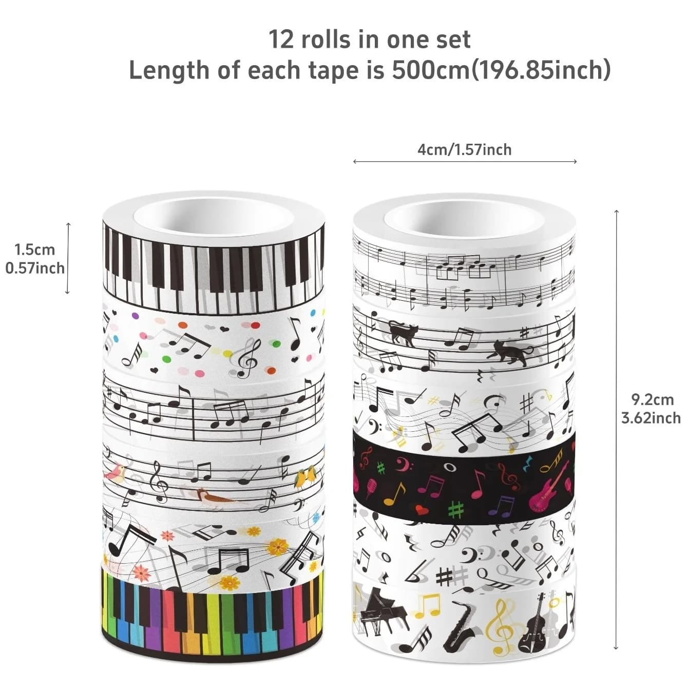 12 rouleaux de ruban Washi musical, ensemble de notes musicales, touches de guitare, Piano, rubans de masquage décoratifs F3024
