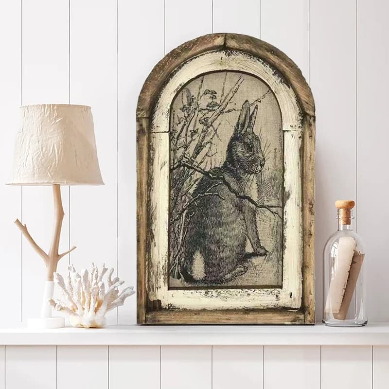 Peinture à l'huile de lapin en bois pour la décoration de la maison, affiche d'art mural rétro, lapin, animaux, impression, décor de Pâques, bébé, vintage