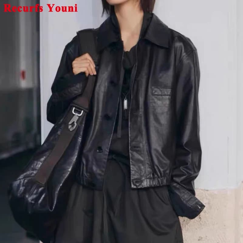 Veste en cuir de cire d'huile avancée pour Femmes automne hiver Femme 100% peau d'agneau col carré taille élastique manteau ample Vestes Femmes