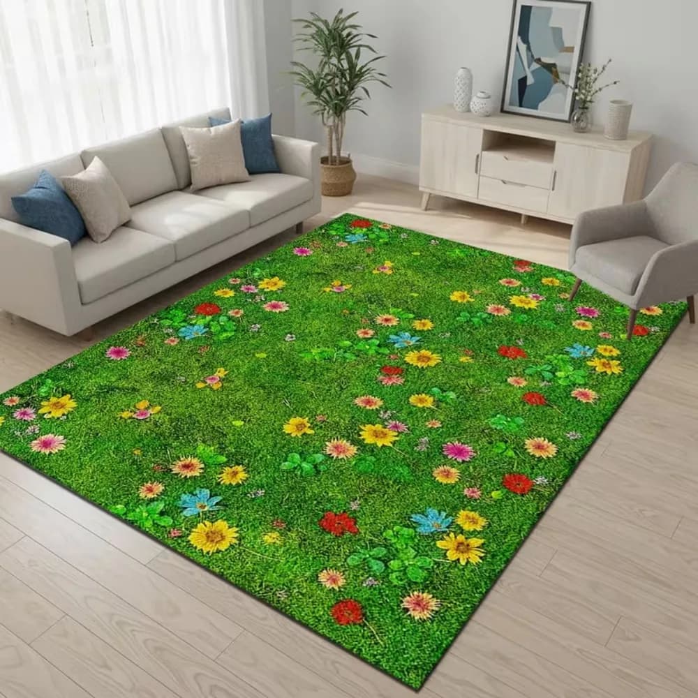 Tapis de printemps grand tapis de fond vert d'herbe fraîche, tapis imprimé de fleurs dispersées de petites fleurs, tapis de pièce facile à nettoyer, tapis de porte