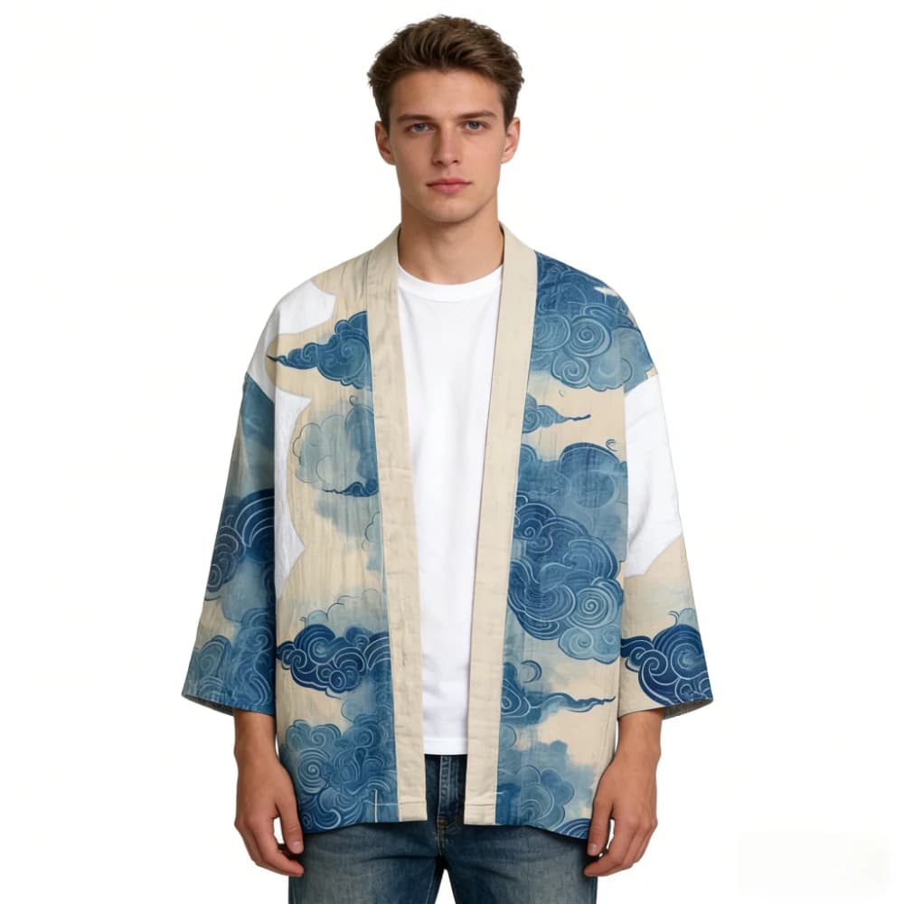 Cardigan Kimono Ukiyo-e Japonais à imprimé Baleine et Vague, Robe ouverte sur le devant, Légère en Coton, Cache-maillot de plage, Veste de détente ouverte sur le devant