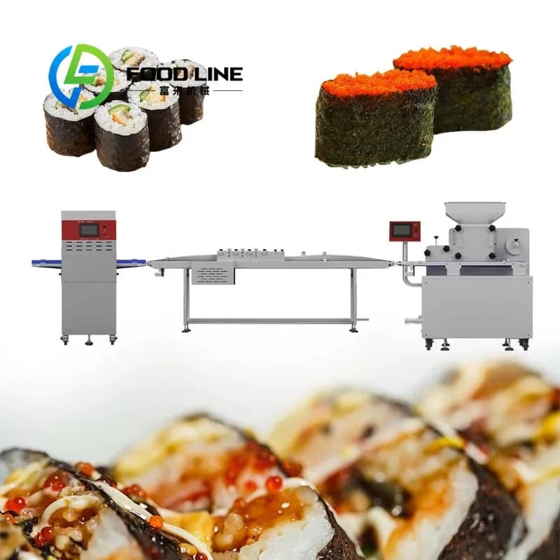 Ligne de production commerciale de sushis équipée d'une machine stable de formage de rouleaux de sushi pour travailler
