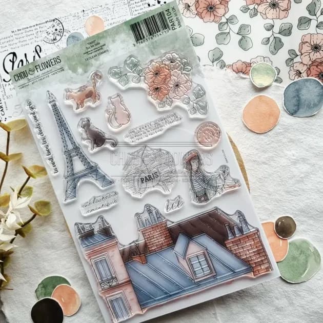 Tampon en silicone transparent sur le thème de Paris, France : Tour Eiffel, Café sur le toit de Paris, Croissant, Cadre, Ville européenne pour scrapbooking et création de cartes