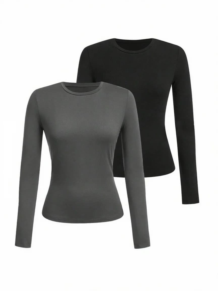 T-shirt femme manches longues couleur unie - Tissu tricoté polyester, col rond, coupe régulière, style automne-hiver