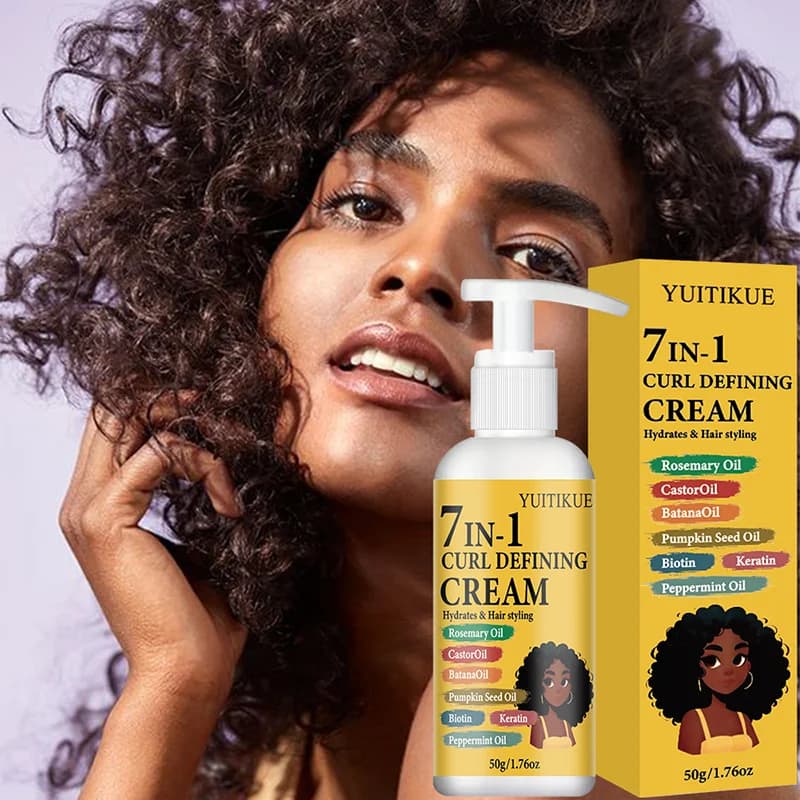 Crème définissante pour boucles YUITIKUE 7-en-1, crème coiffante hydratante pour cheveux bouclés avec huile de romarin et huile de ricin