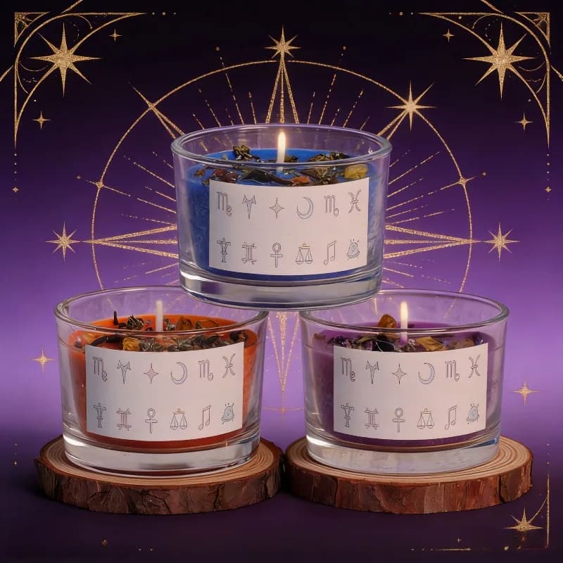 1 pièce, bougie magique du zodiaque 7x7,5x5 cm, rituel de méditation, fleurs séchées et cristal, bougie aromathérapie, fournitures de sorcellerie