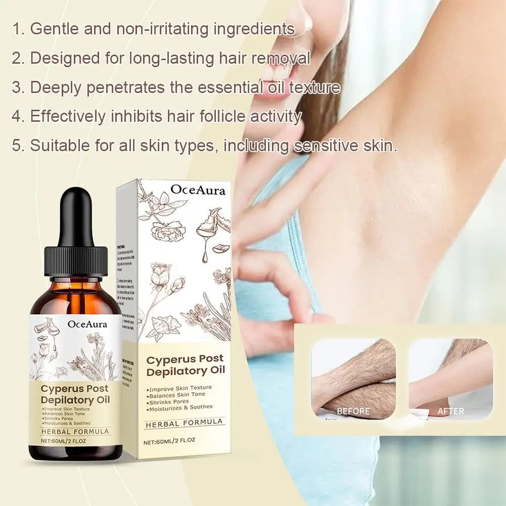 Huile Essentielle Naturelle de Cyperus Rotundus 60ml pour Épilation, Hydratation, Apaisement de la Peau, Réduction des Poils Corporels, Épilation Indolore Post-traitement