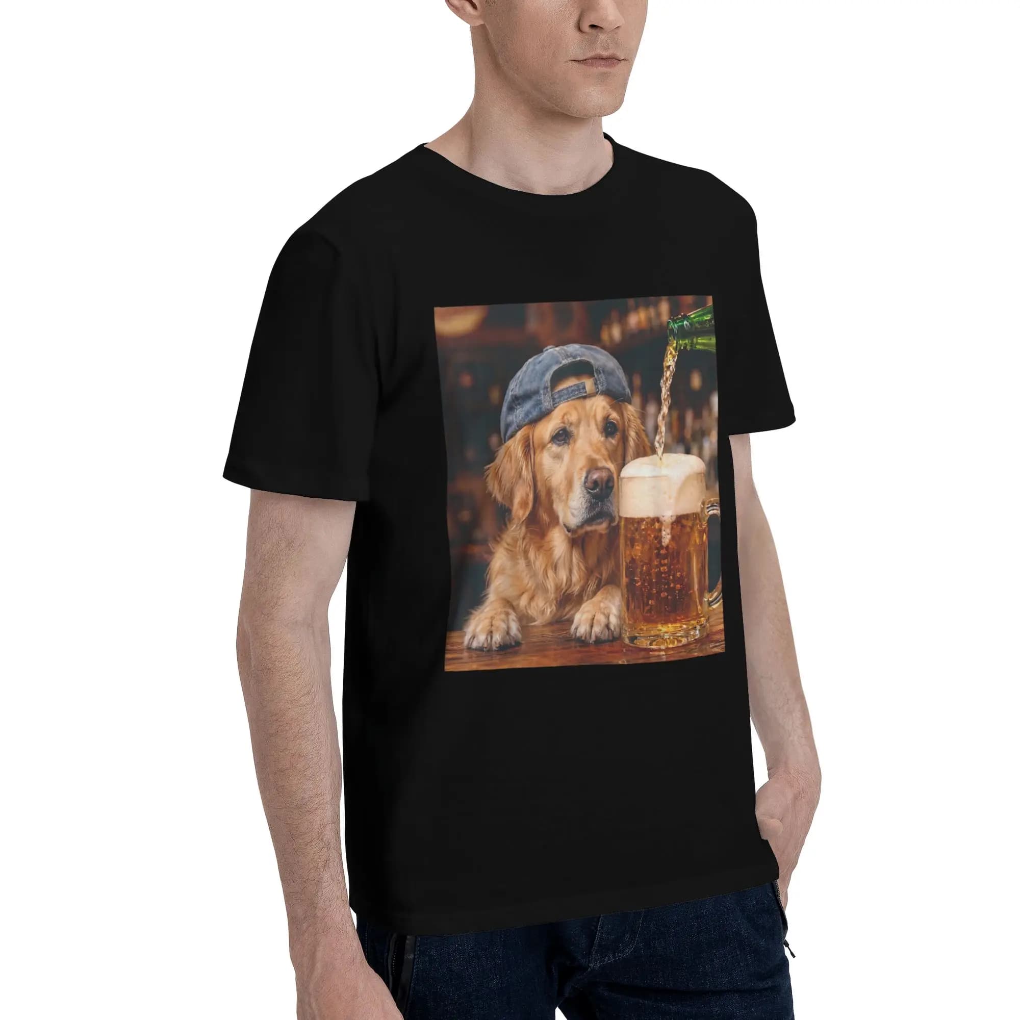 T-shirt en coton imprimé avec motif drôle de chien Border Collie buvant de la bière