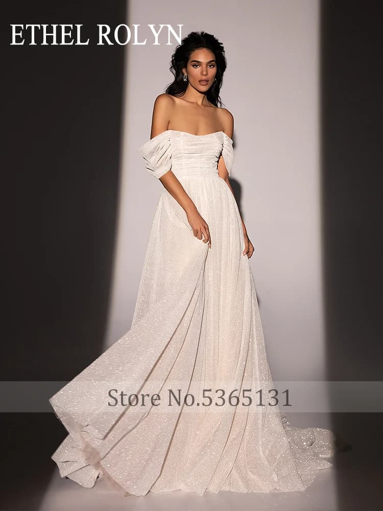 ETHEL ROLYN robes De mariée trapèze pour femmes brillant hors De l'épaule col bateau brosse Train robe De mariée robes De Novia