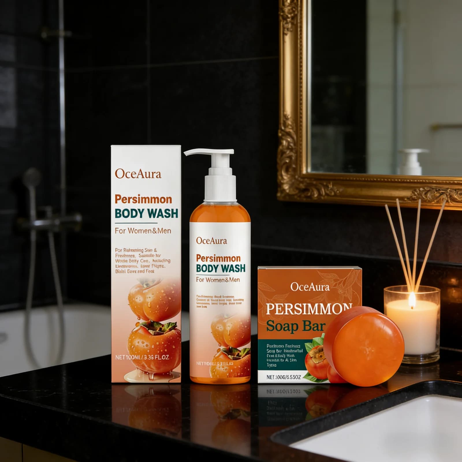 Ensemble de gel douche OceAura Persimmon, mousse riche, adoucit la peau, nettoyage en profondeur, parfum longue durée, extraits de fruits naturels, savon en barre