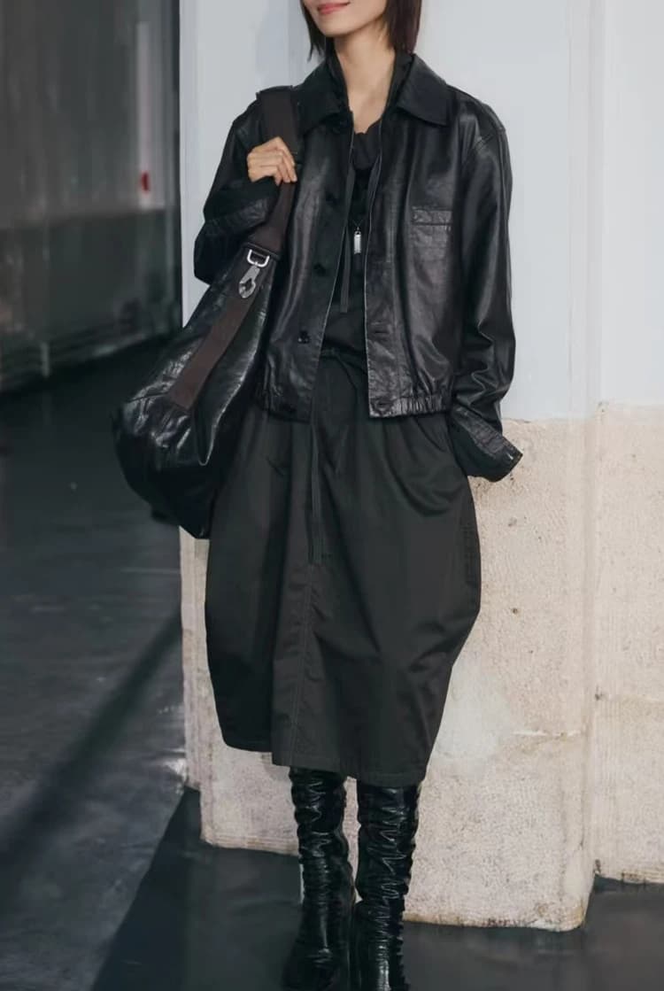 Veste en cuir de cire d'huile avancée pour Femmes automne hiver Femme 100% peau d'agneau col carré taille élastique manteau ample Vestes Femmes