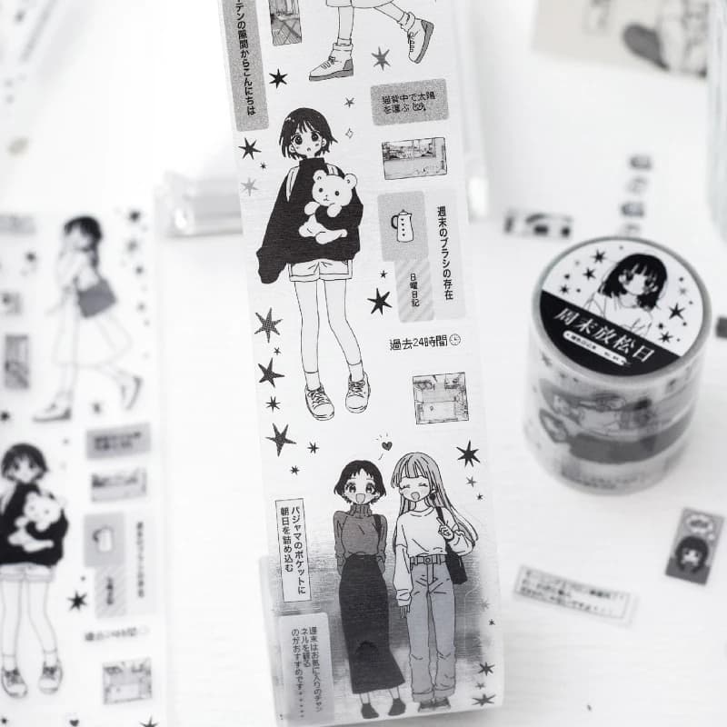 2 m/rouleau Kawaii japonais noir et blanc manga style PET ruban découpé bricolage décoration scrapbook journal album papeterie autocollant