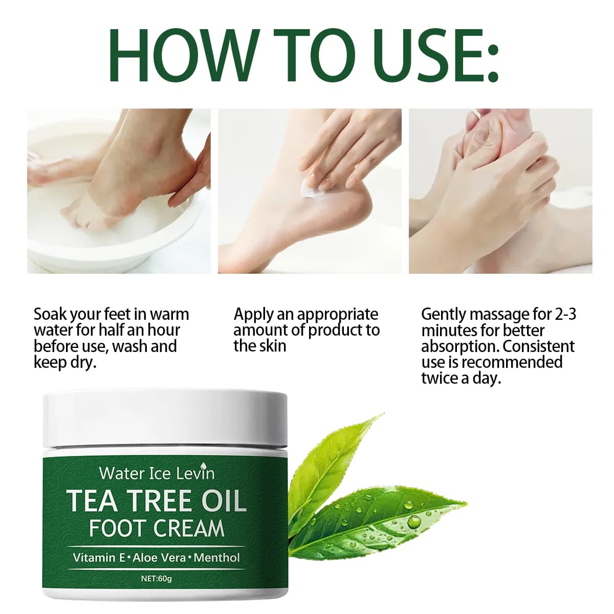 Crème pour les pieds à l'huile d'arbre à thé Water Ice Levin – Vitamine E Aloe Vera Menthol Ralent les pieds Non gras Absorption rapide Filet de 60 g