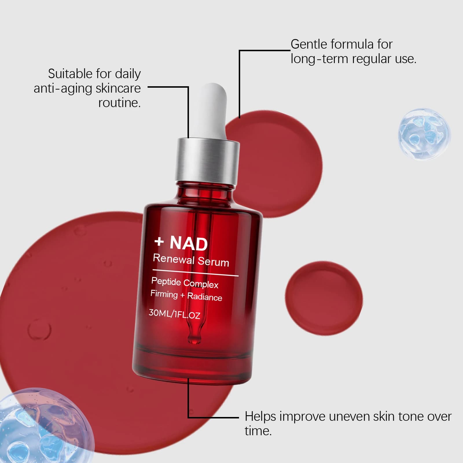 Sérum liftant au peptide NAD+ anti-âge, réduit les ridules, améliore l'élasticité de la peau, resserre les pores, éclaircit et illumine le visage.