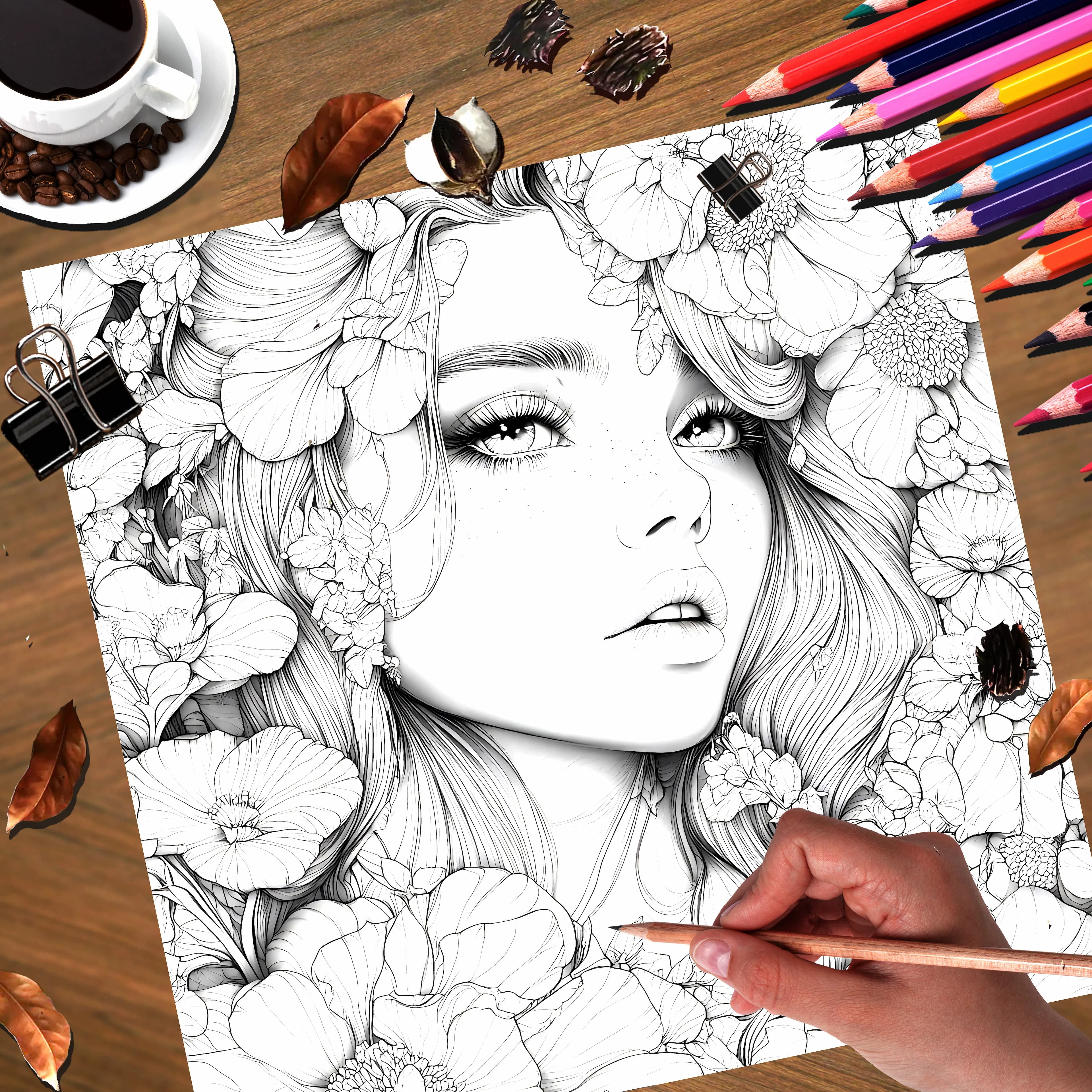 Livre d'images pour adultes : belles femmes en floraison pour une pratique du maquillage avec des portraits détaillés et des techniques de crayons à colorier