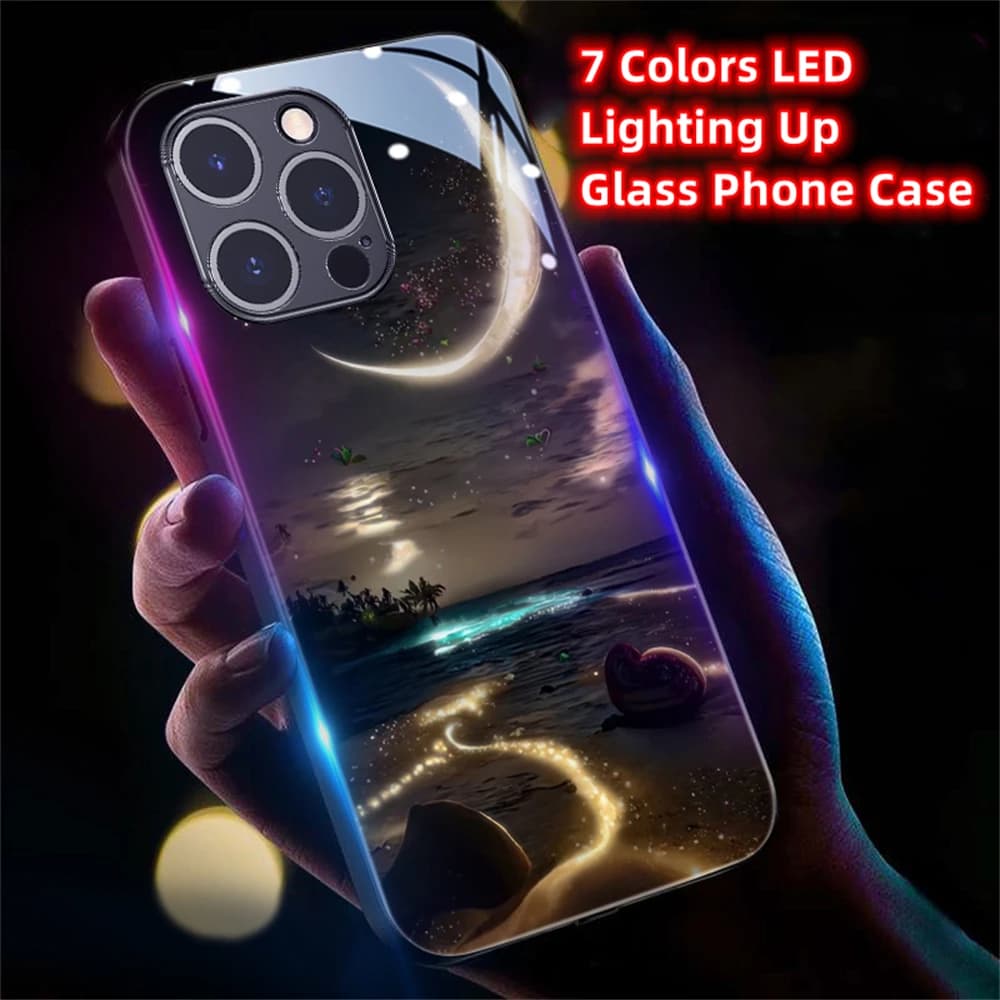 Coque de téléphone en verre trempé lumineux LED Pretty Galaxy Beach pour Samsung S26 S25 S24 S23 S22 S21 S20 FE Plus Ultra