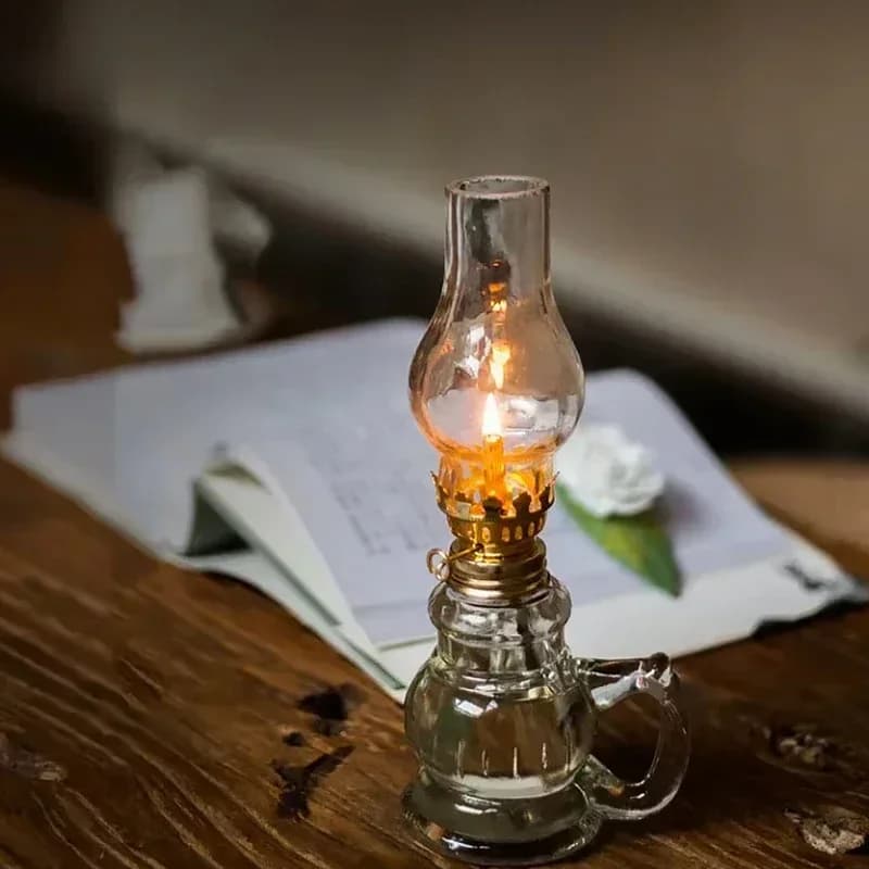 1 lampe à huile rétro coupe-vent avec couvercle en verre, adaptée à l'éclairage d'urgence et à la décoration intérieure