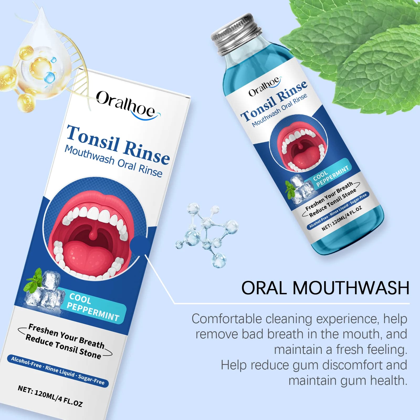 Bain de bouche ORALHOE 120 ml – Élimine les résidus alimentaires, la mauvaise haleine, réduit les calculs amygdaliens, élimine les odeurs, soin buccal