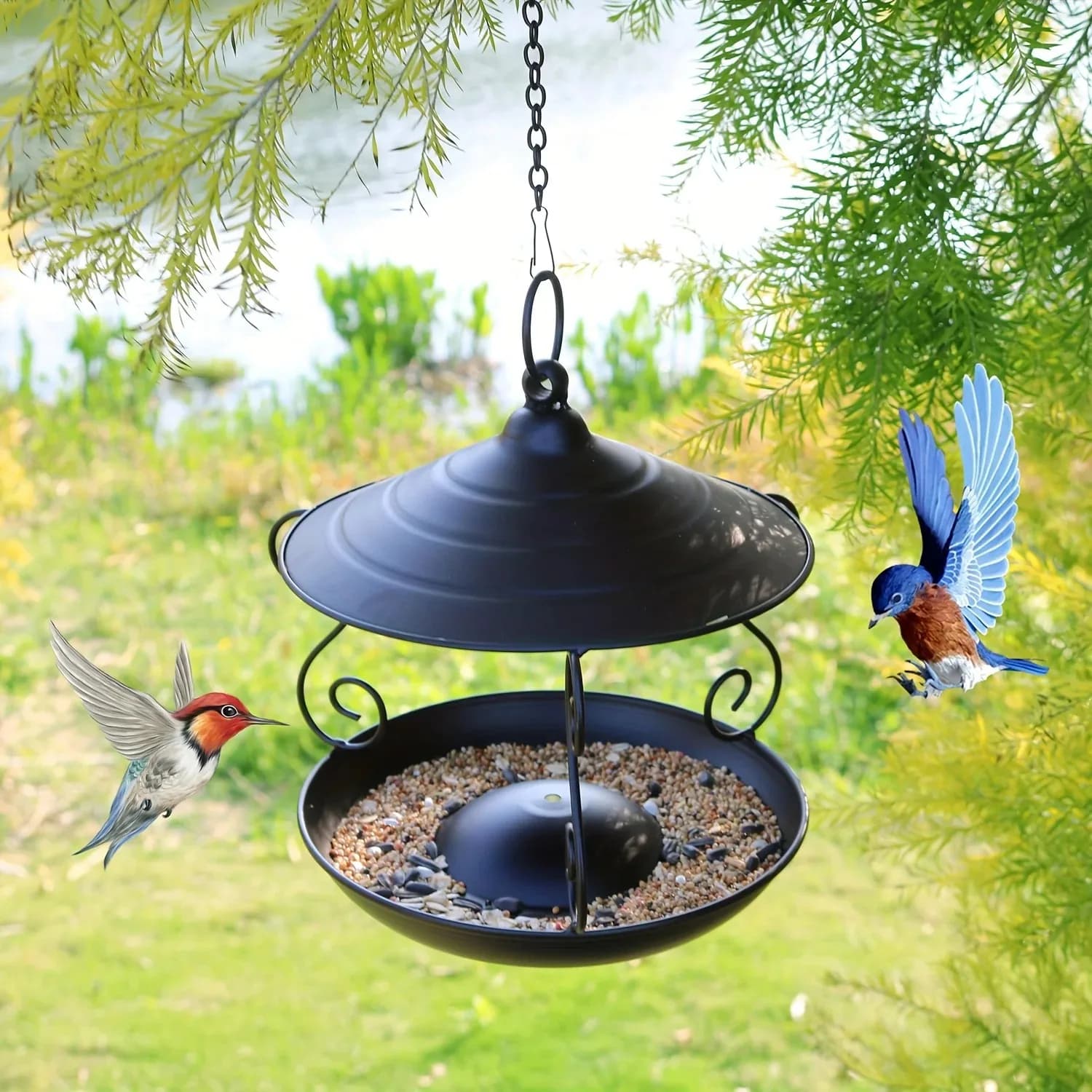 Mangeoire à oiseaux suspendue noire élégante – Décor de jardin en métal durable