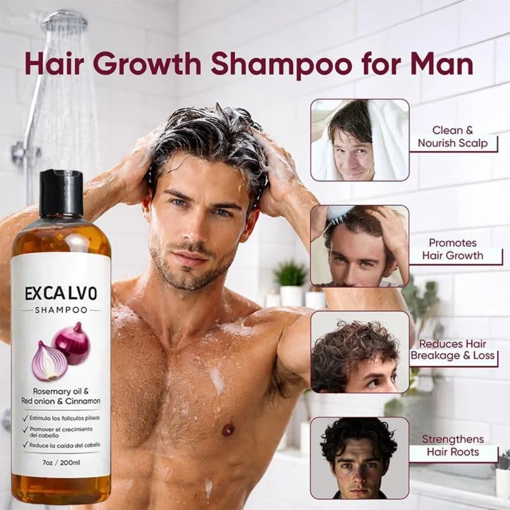 Shampoo à l'oignon et au romarin Excalvo 200 ml pour hommes, shampooing anti-chute de cheveux avec huile de cannelle, renforce les racines et stimule la densité des cheveux