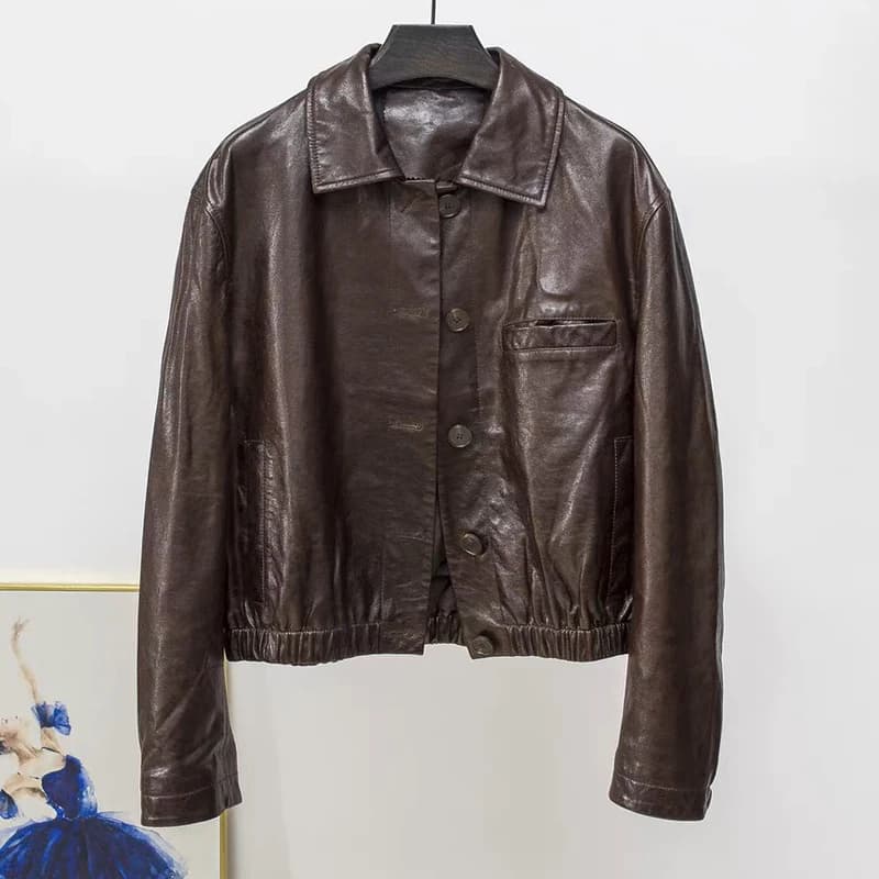Veste en cuir de cire d'huile avancée pour Femmes automne hiver Femme 100% peau d'agneau col carré taille élastique manteau ample Vestes Femmes