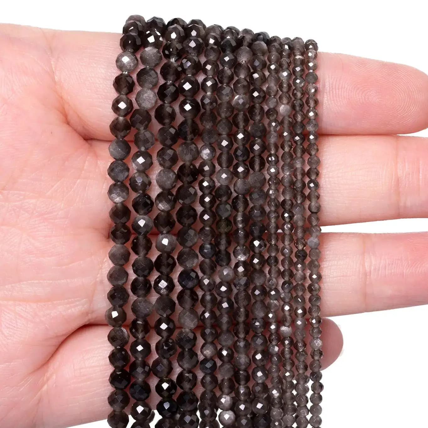 Pierre d'obsidienne couleur argent naturel, petites perles rondes à facettes en vrac pour la fabrication de bijoux, bracelet et collier, 2mm, 3mm, 4mm