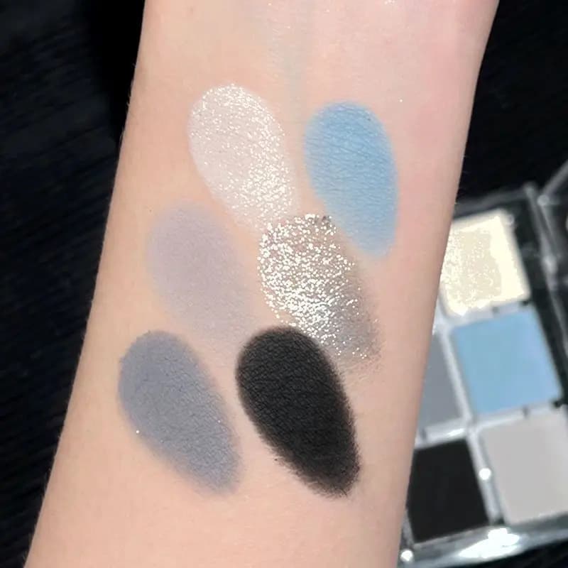 Palette de fards à paupières fumés, gris mat, bleu, 6 couleurs, paillettes argentées, acrylique, maquillage longue durée, cosmétiques