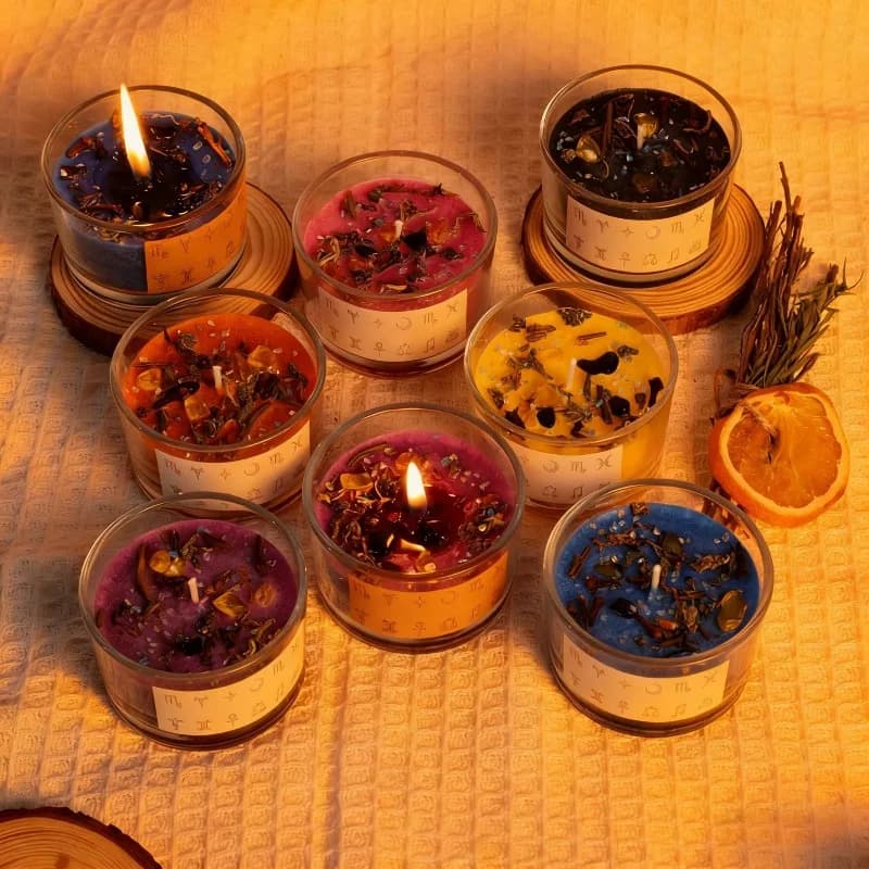 1 pièce, bougie magique du zodiaque 7x7,5x5 cm, rituel de méditation, fleurs séchées et cristal, bougie aromathérapie, fournitures de sorcellerie