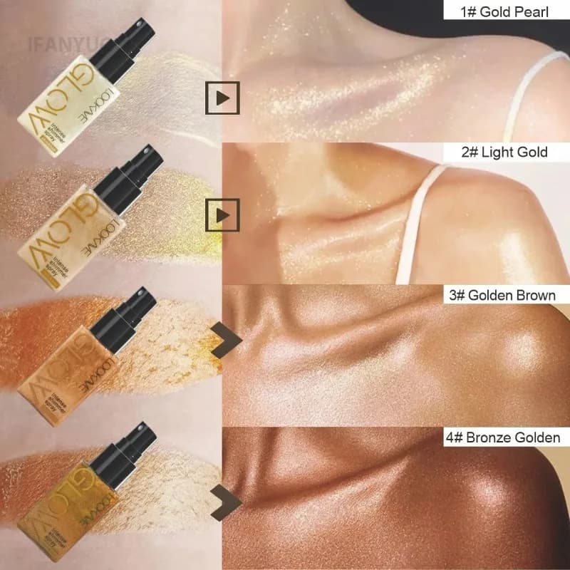 Spray d'huile scintillante nacrée, brillant durable, Contour du Bronze doré, éclaircissant pour le visage et le corps, surligneur liquide scintillant