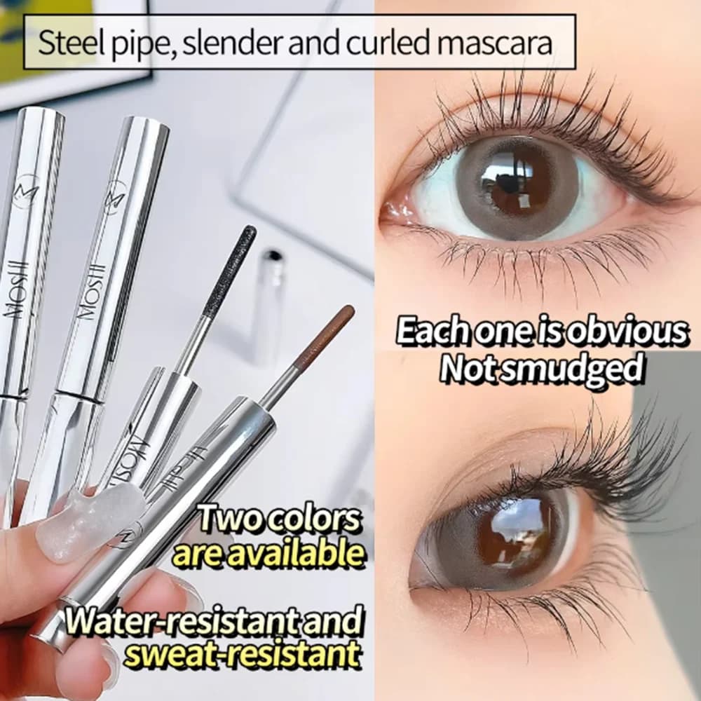 Mascara longue tenue qui boucle les cils, résistant à l'eau et à la transpiration, sépare chaque cils, épaissit et donne du volume, mascara en tube en acier.