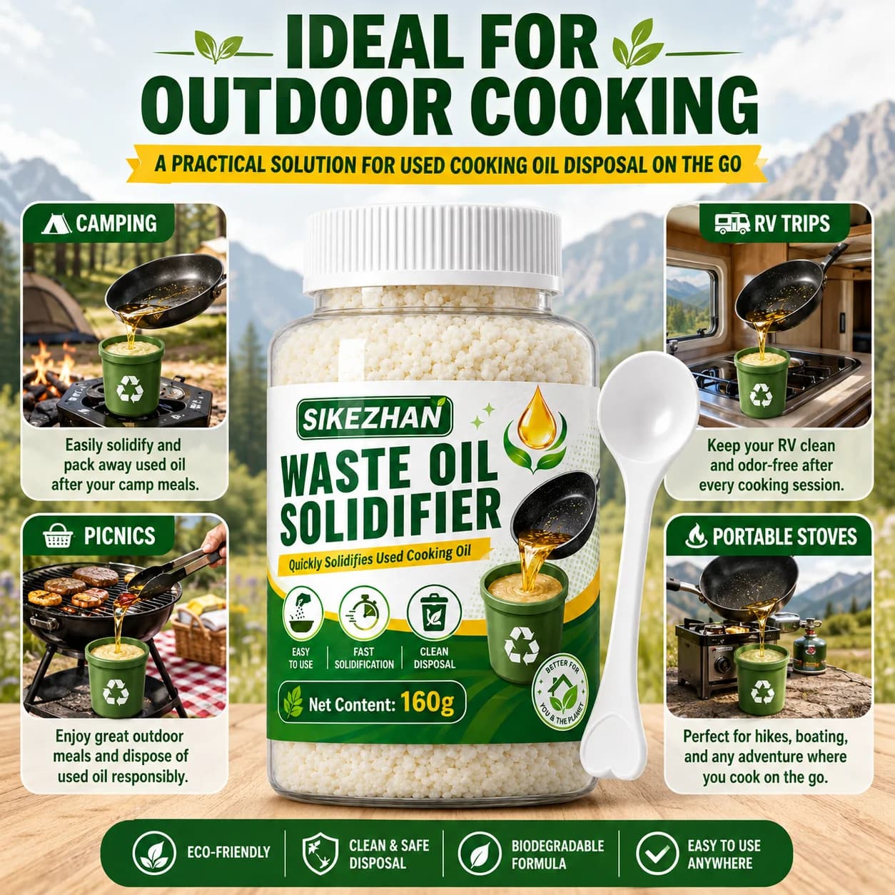 Poudre Solidifiante Écologique pour Huile de Cuisson Usagée – Durcisseur Rapide pour Camping
