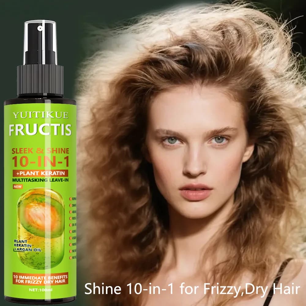 Laque pour cheveux 10 en 1, contenant une kératine végétale, offre 10 grands avantages pour cheveux secs et crépus, y compris réparer et lisser.