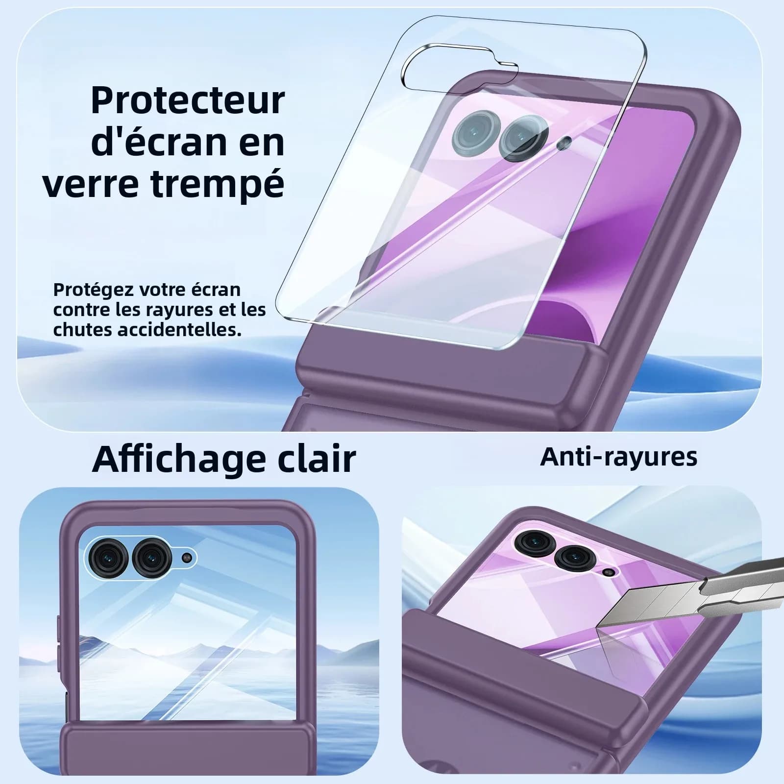 Soldes 618! Étui pour Moto Razr 50/60/70, protection anti-chute de qualité militaire, coque antichoc à 3 couches avec charnière et protection d'écran - Violet