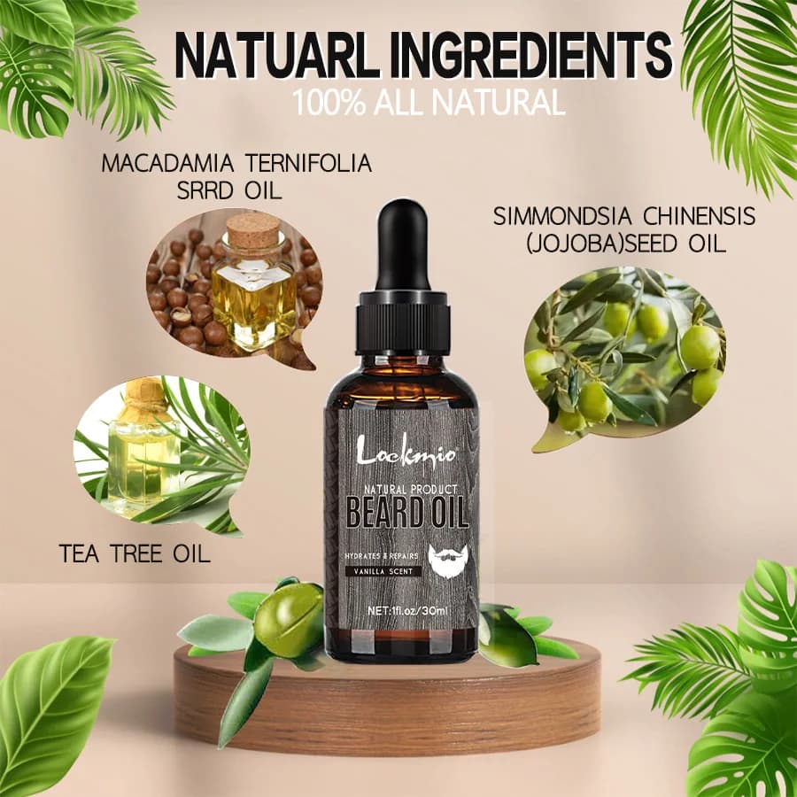 LOCKMIO huile de barbe naturelle pour hommes parfum vanille hydrate répare la croissance des racines de barbe soin coiffant plus épais