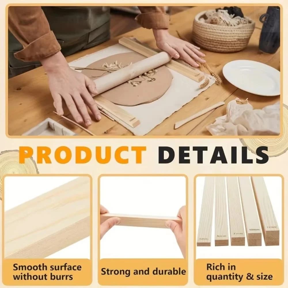 Ensemble de 8 guides de roulement en bois pour rouleaux à pâte, épaisseurs 3mm/5mm/7mm/10mm, rails lisses beige clair pour rouleaux à argile