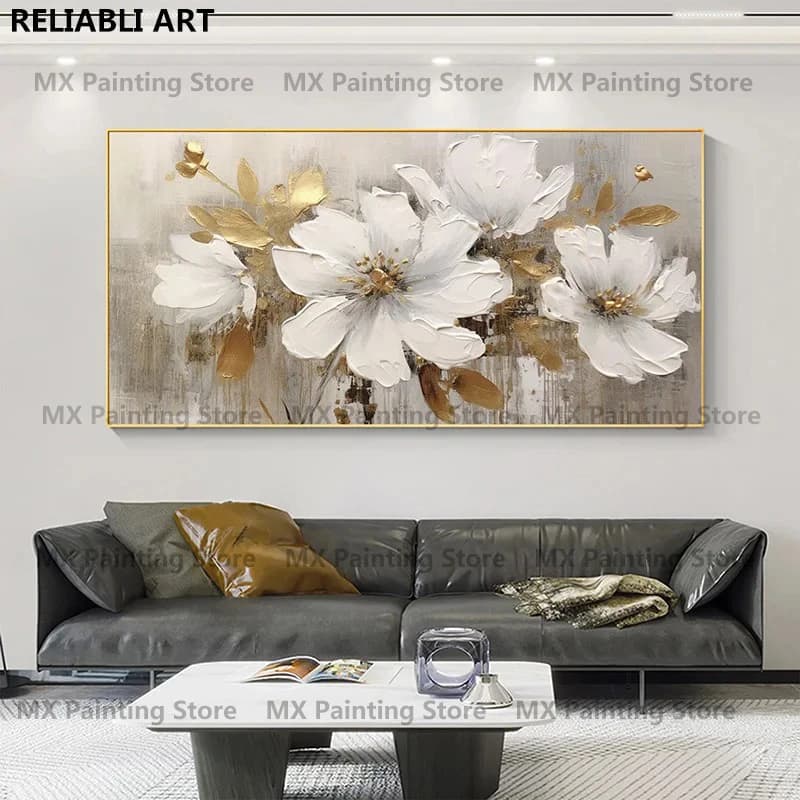 Peinture à l'huile de fleurs dorées sur affiche, imprimés sur toile, Art mural, peinture florale blanche abstraite, décor de salon, décor de maison sans cadre