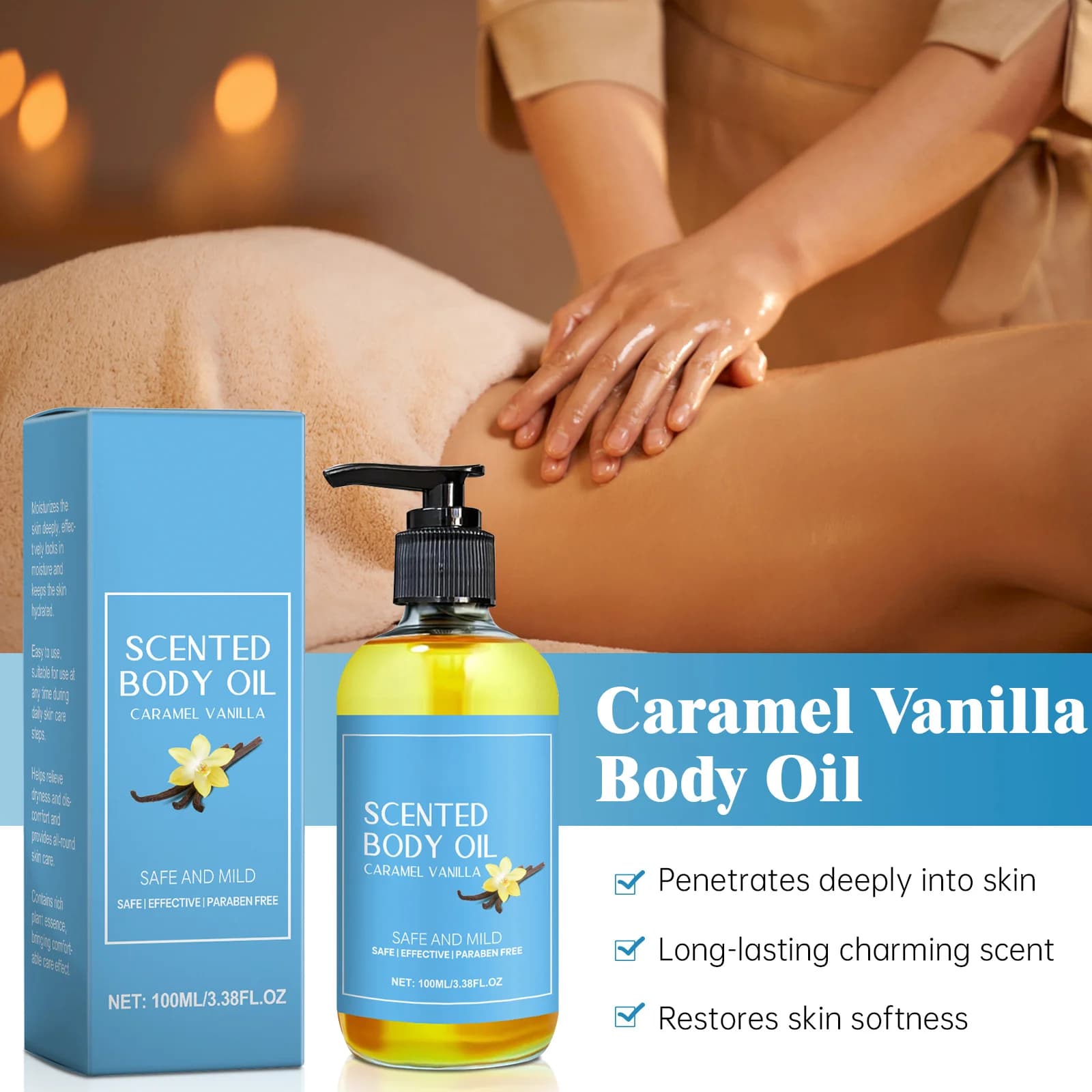 Huile de Massage corporel à la vanille, améliore l'hydratation, soulage le Stress, renforce, nourrissante, relaxante musculaire, huiles essentielles végétales de SPA