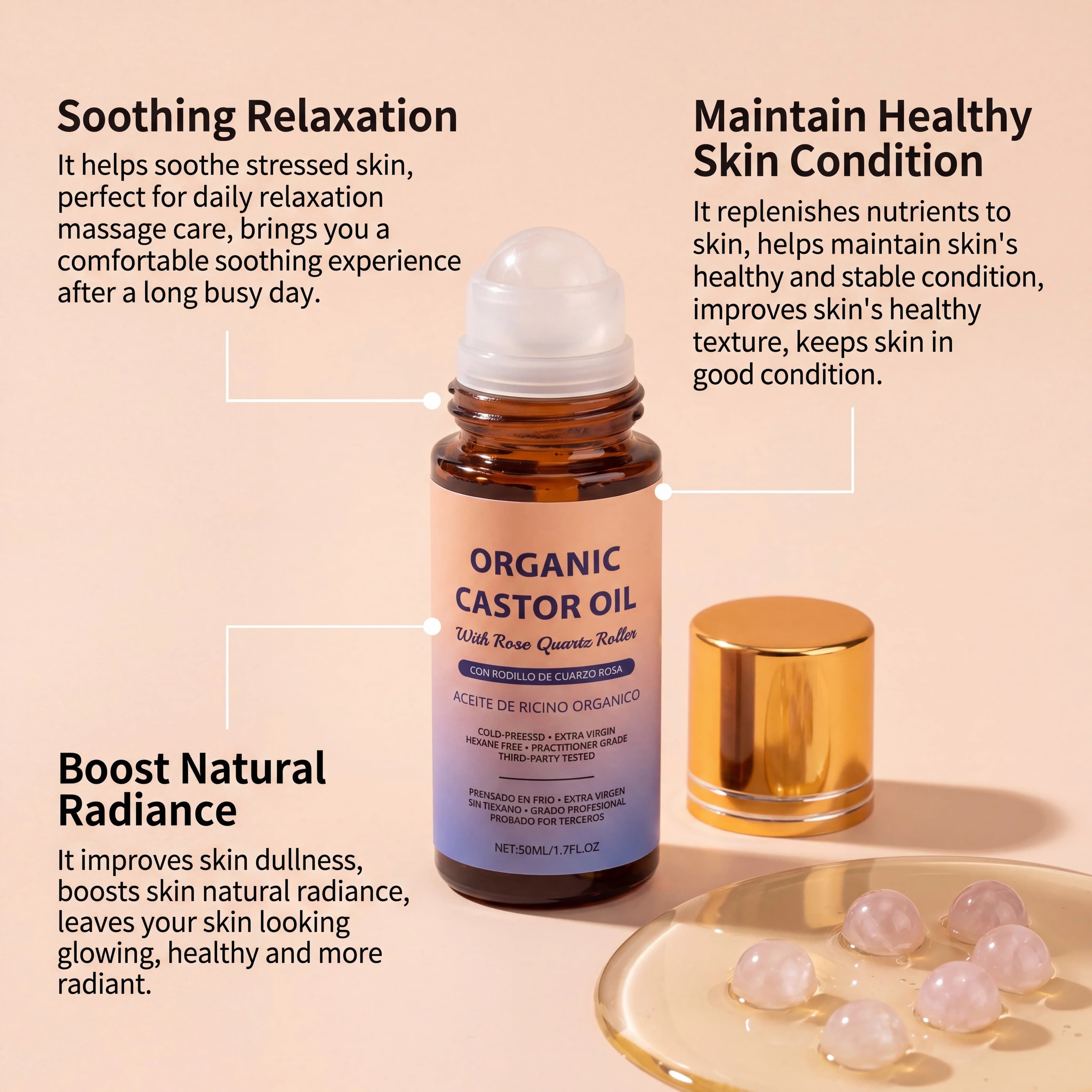 Huile de ricin bio pressée à froid sans hexane avec applicateur à bille en quartz rose, apaisante et hydratante pour le soin du visage et du corps