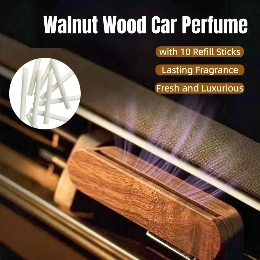 Diffuseur de parfum pour voiture en bois massif naturel, parfum durable avec 10 bâtonnets de recharge, désodorisant pour véhicule