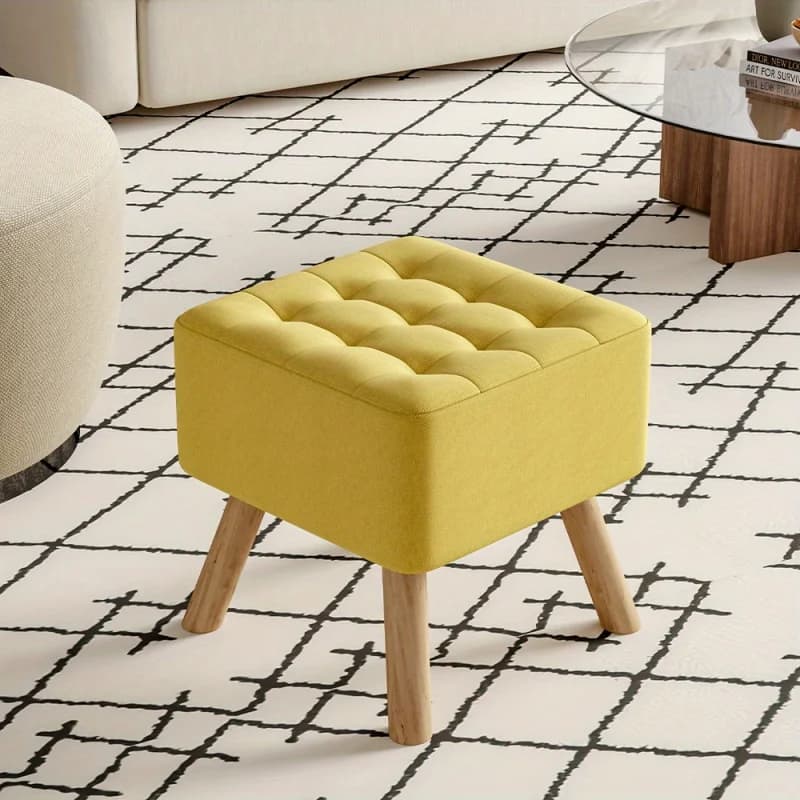 Repose-pieds carré en tissu de lin rembourré avec pieds en bois - Tabouret bas confortable et décoratif pour la maison