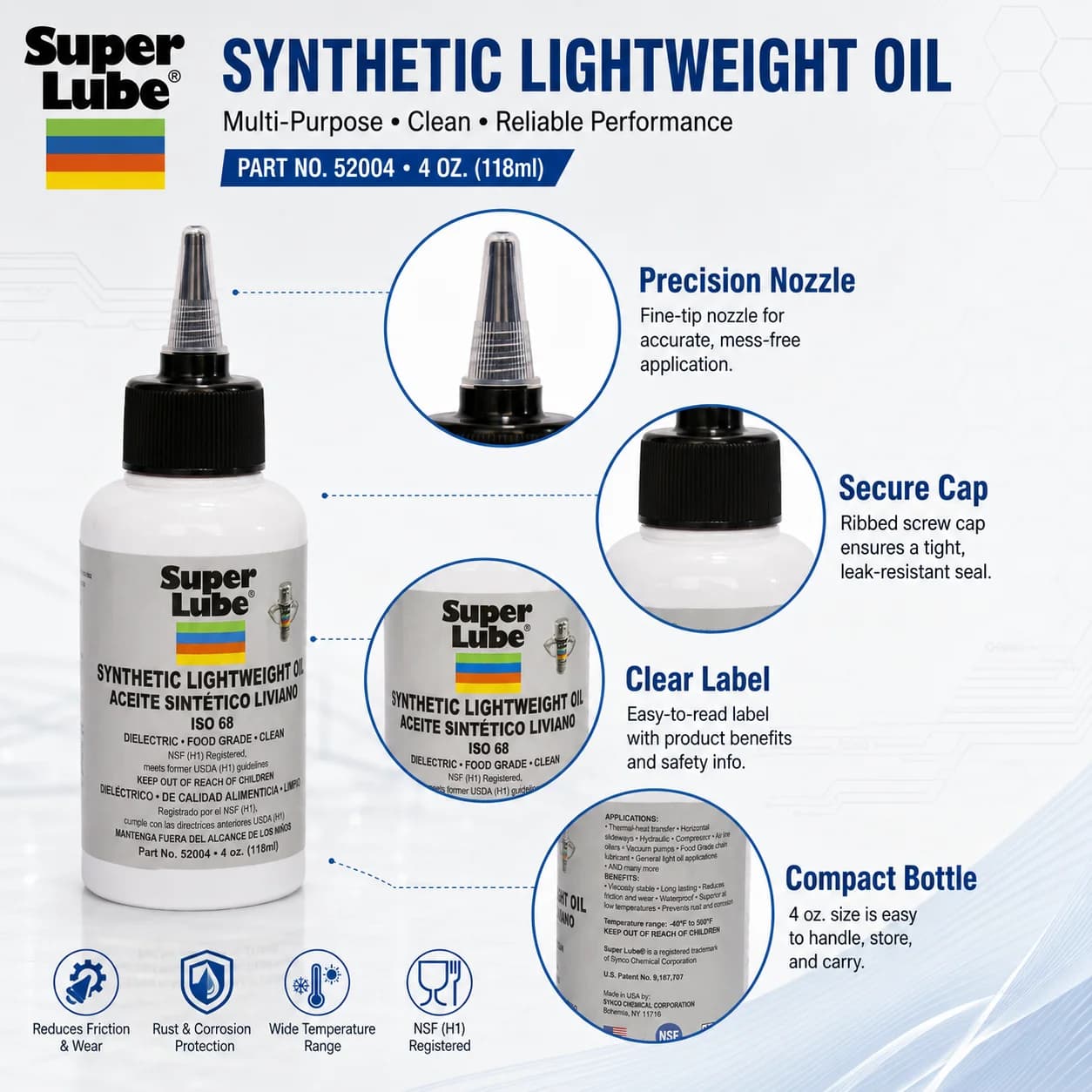 Huile synthétique de qualité alimentaire Super Lube 52004 ISO 68 pour roulements de machines, chaînes, pompes
