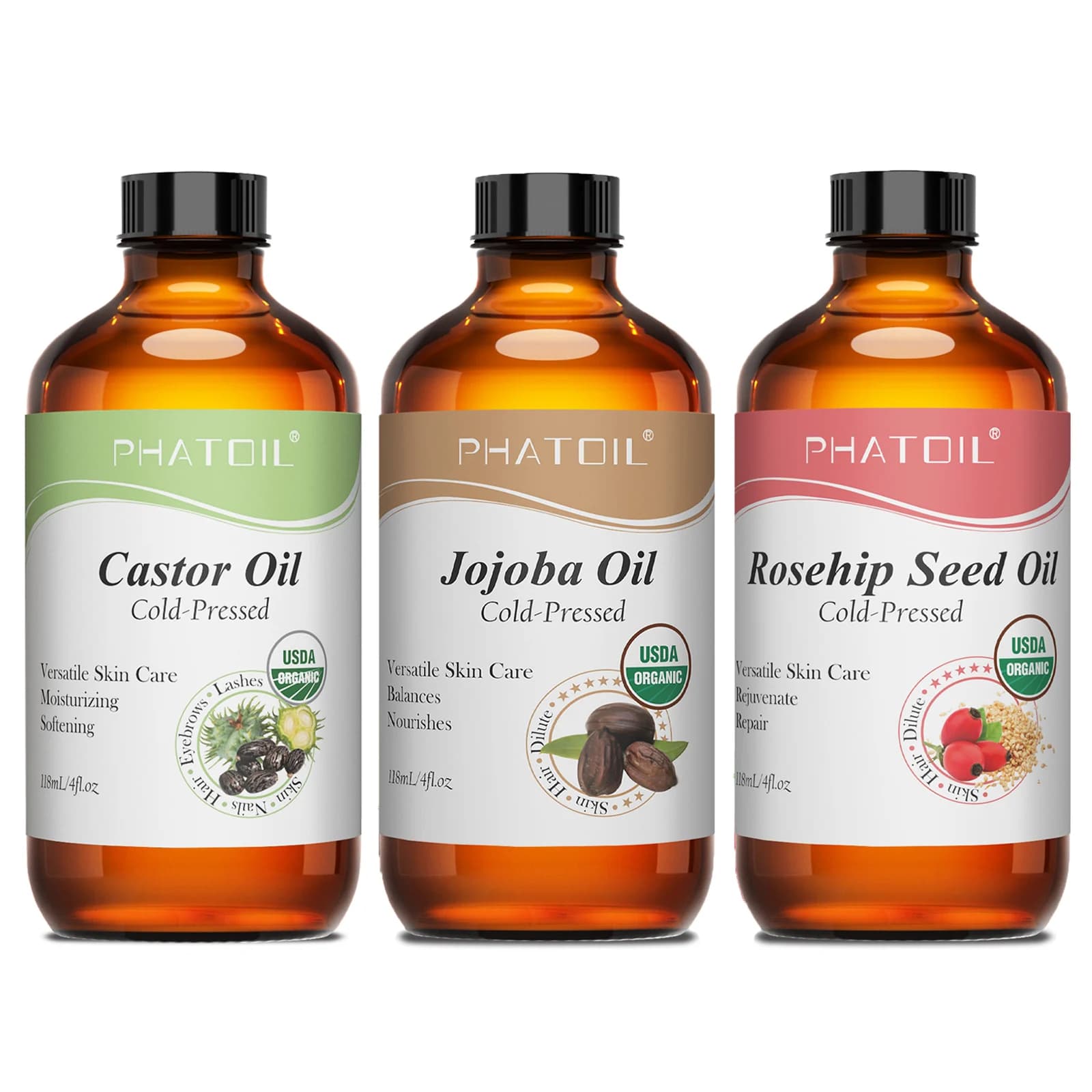 PHATOIL Huile de ricin 100% biologique 236ml Huile de jojoba Huile de rose musquée Huile de graines de tournesol 118ml
