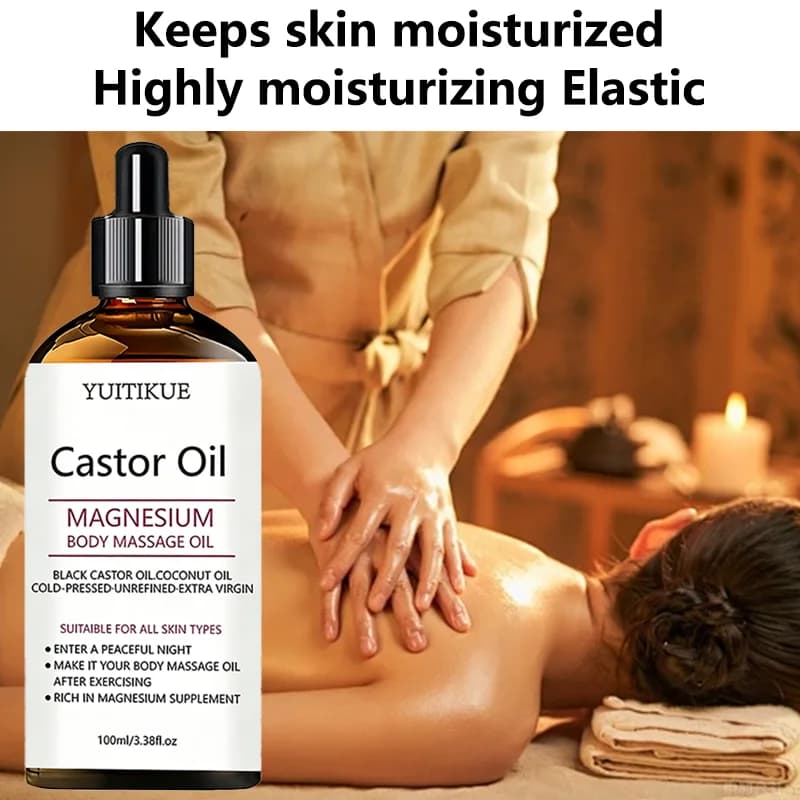 Huile de massage corporelle au magnésium et à l'huile de ricin YUITIKUE |   Huile de ricin noire et huile de noix de coco |   Soin relaxant pour la peau après l'exercice 100ml