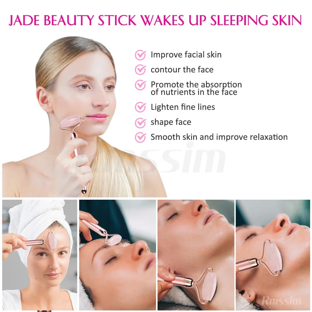 Nouveau masseur électrique vibrant à rouleau de Jade pour minceur Lifting du visage Quartz Rose 3D
