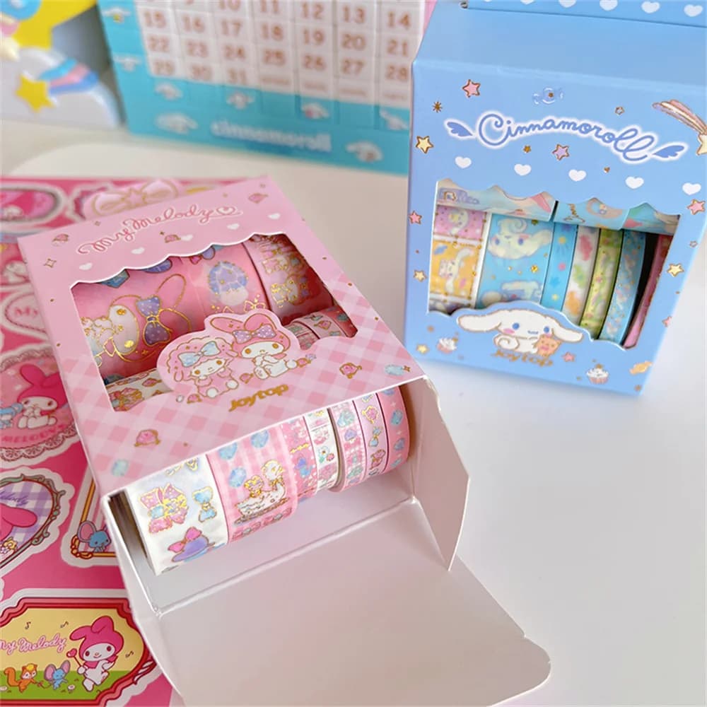10 rouleaux/boîte Sanrio Hello Kitty Cinnamoroll, autocollants en ruban, autocollants mignons de dessins animés, autocollants à chaud pour carnet, jouets, cadeaux