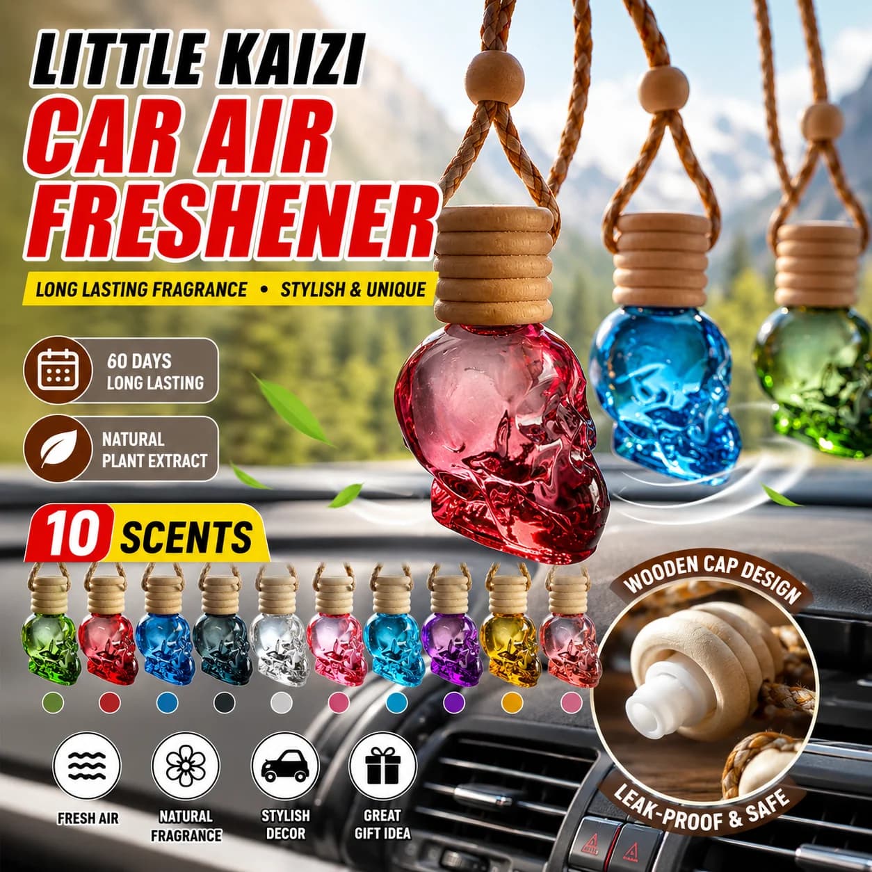 Diffuseur de parfum pour voiture en forme de crâne, huile parfumée pour voiture, dure plus de 60 jours, parfum masculin, concentration à 30 %, désodorisant pour l'intérieur de la voiture