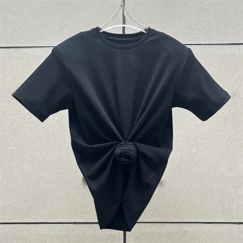 T-shirt femme 2025 été nouveau haut à manches courtes tricoté élastique fleur 3D décoré col rond pull pur coton haut court