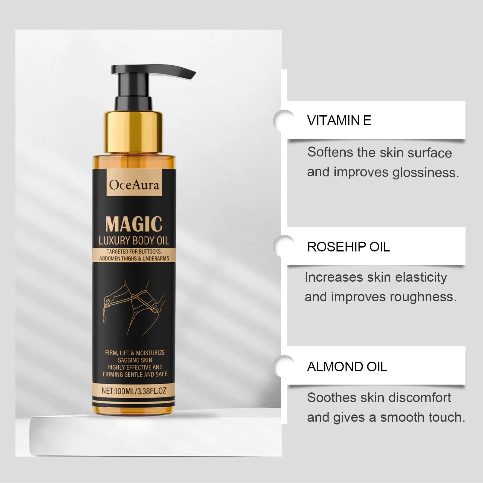 Huile corporelle magique de luxe, raffermissante, élimine les ridules, Anti-séchéité, améliore l'affaissement, huile essentielle de Massage lisse et hydratante