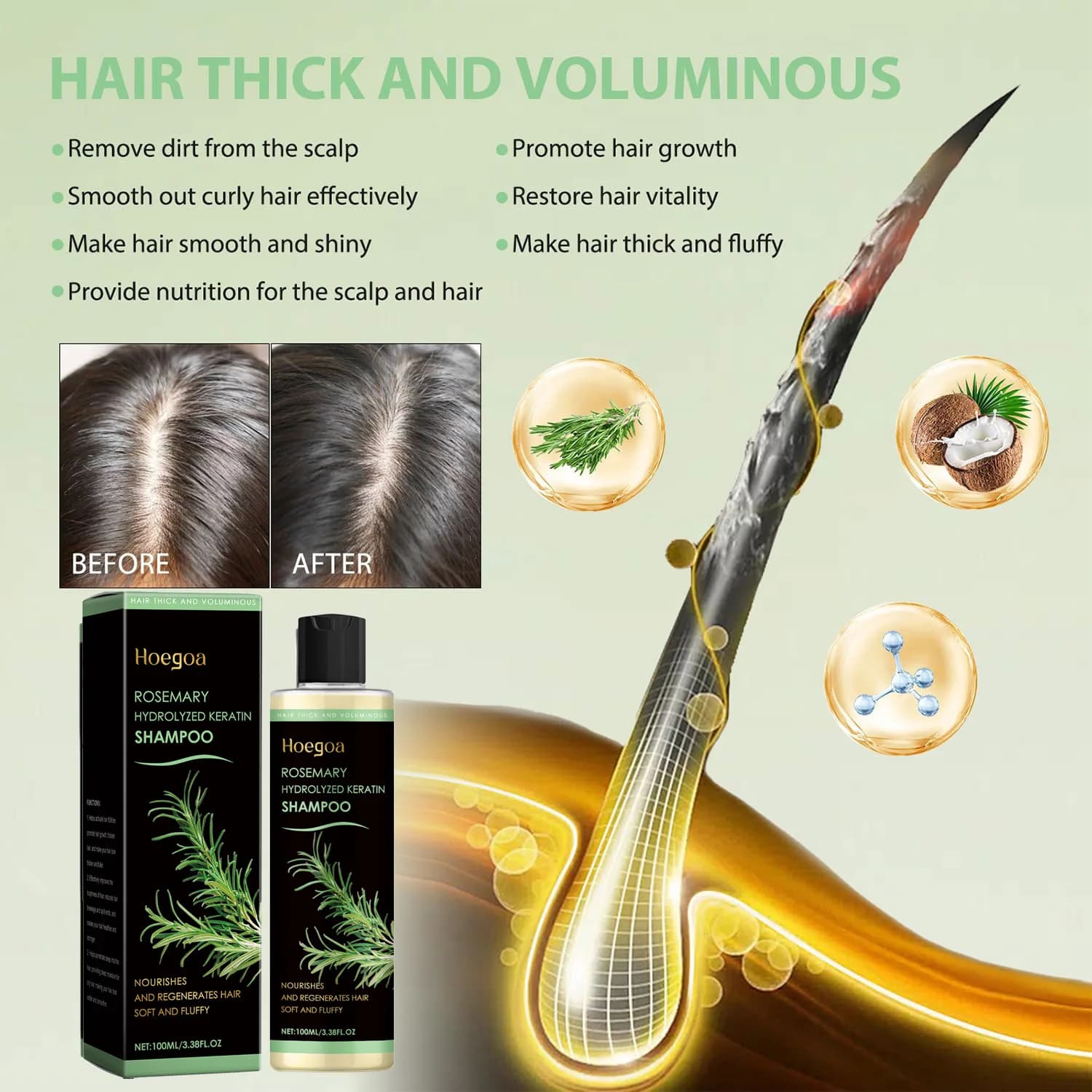 Shampoing pour la croissance des cheveux à l'huile de romarin, épais organique pour amincir les cheveux et la perte de cheveux, shampoing naturel volumisant pour hommes et femmes
